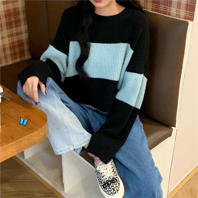 Áo sweater dệt kim tay dài dáng rộng kẻ sọc dành cho nữ