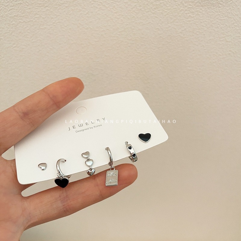 Bộ 6 Khuyên Tai Hình Giọt Nước Màu Đen Phong Cách Retro