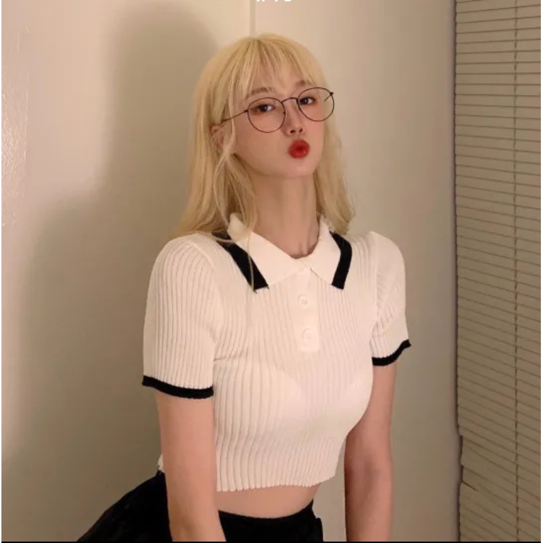 Áo croptop dệt kim ngắn tay có cổ thời trang mùa hè cho nữ