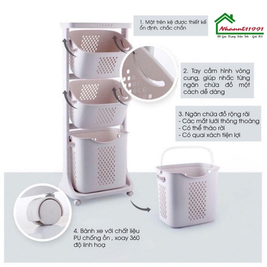 Kệ Đựng Đồ Đa Năng 3 Tầng, Giỏ Đựng Quần Áo Bẩn Phòng Tắm Có Bánh Xe Phong Cách Việt Nhật 5567