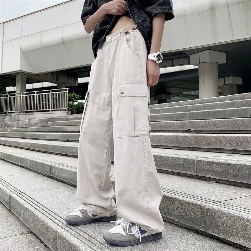 Quần Dài Ống Rộng Màu Trơn Có Túi Lớn Phối Dây Kéo Phong Cách Hip Hop Thời Trang Mùa Hè Cho Nam M-3XL