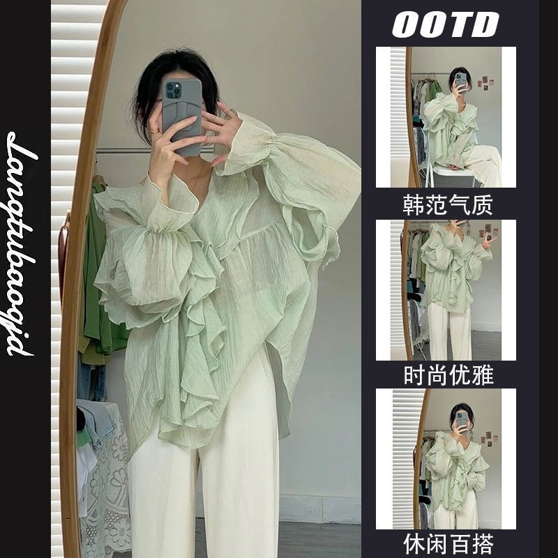 Áo Sơ Mi Tay Phồng Cổ Chữ V Dáng Rộng Phong Cách Phương Tây Thời Trang Cho Nữ