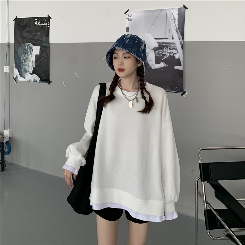 ÁO KHOÁC BASIC / SWEATER NỮ TAY DÀI CỔ TRÒN DÁNG DÀI TRƠN PHỐI VẢI TRẮNG UNISEX