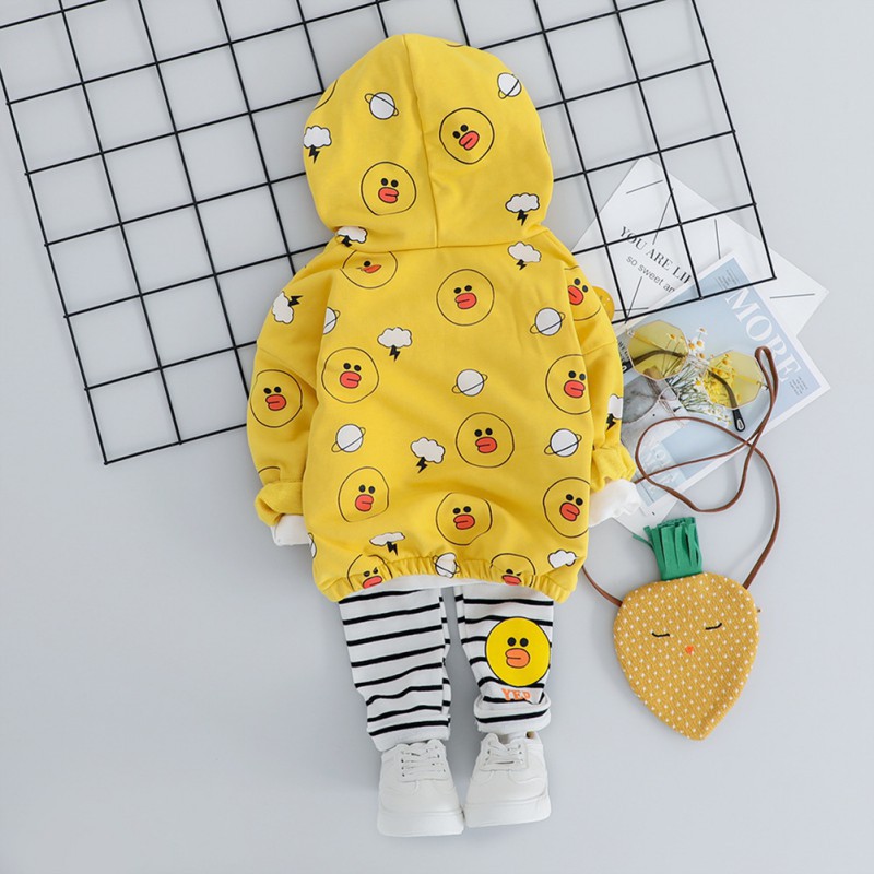 Bộ áo nỉ hoodie + quần dài in hình vịt cho bé gái