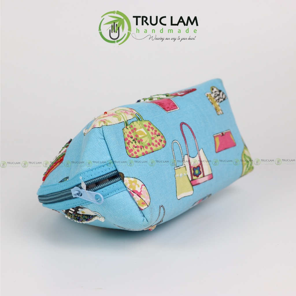 Ví Cầm Tay Túi Đựng Mĩ Phẩm Hình Bán Nguyệt Có Quai Xách Thêu Cườm Thủ Công - Trúc Lâm Handmade