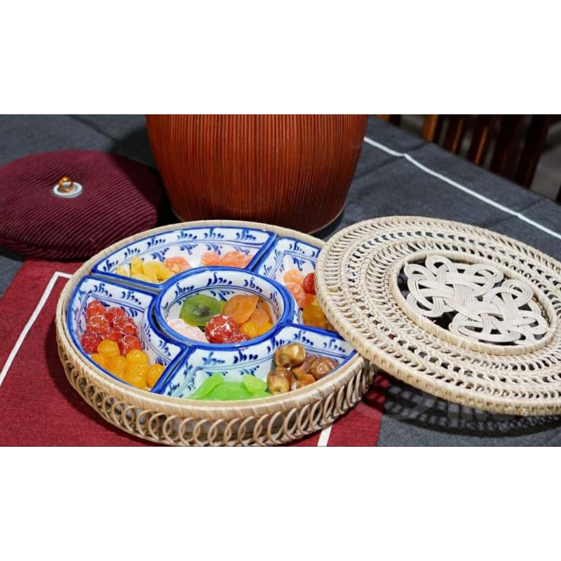 Khay mây+sứ đựng mứt, bánh kẹo, lẩu kem...