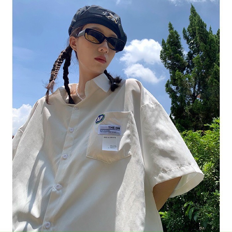 Áo sơ mi unisex form rộng tay lỡ  in chữ AP thiết kế basic nam nữ dễ mặc