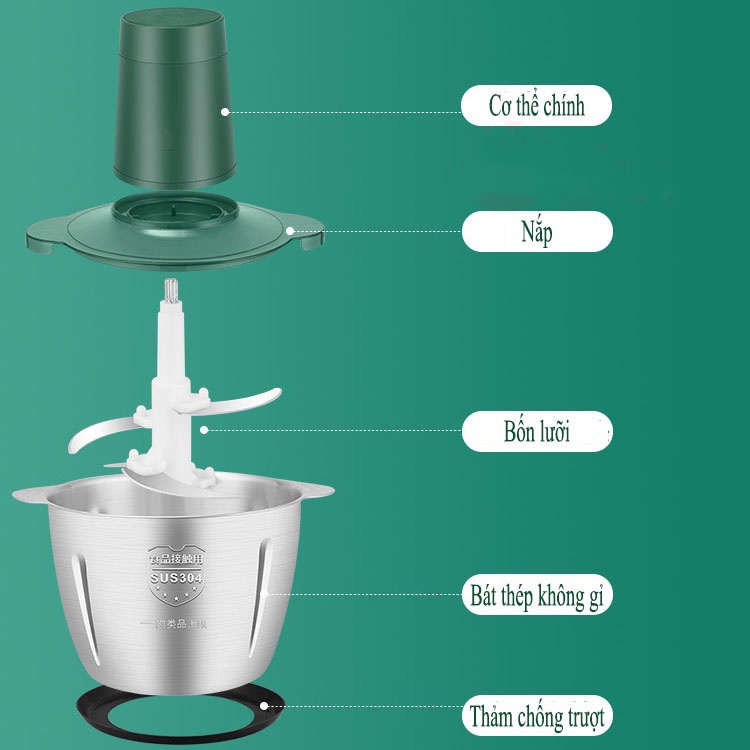 Máy Xay Thịt 304 Cối Inox 4 Lưỡi Đa Năng, Công suất 2L-250W- Xay thịt, xay tỏi ới, xay rau củ quả（XQY71）