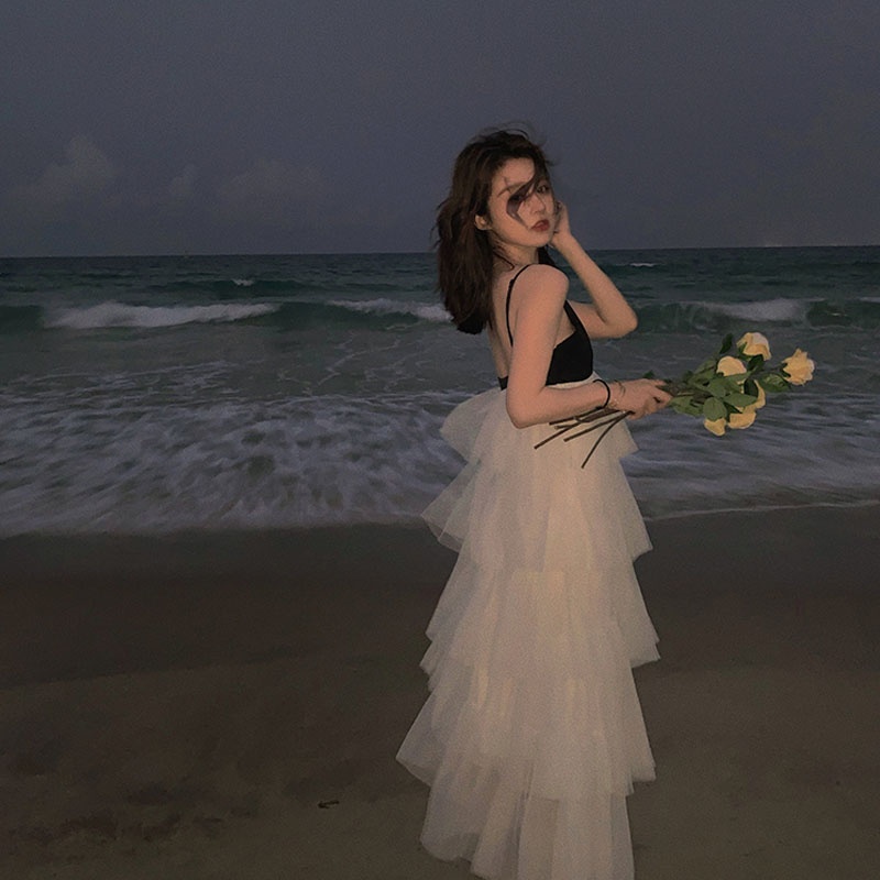 Jane Đầm tầng voan hai dây tiểu thư đi biển