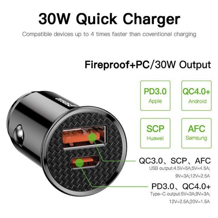 Tẩu sạc nhanh đa năng Baseus CCALL-AS01 tích hợp Type-C và USB, 2.4A và Quick charge 3.0, 30W - Hàng chính hãng {CHÍNH H