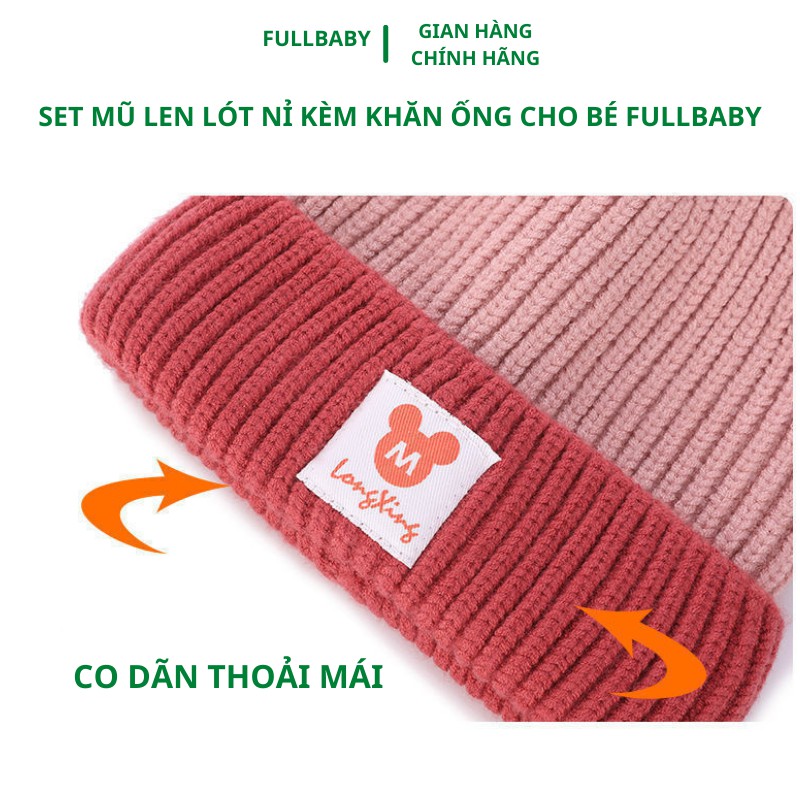 Mũ len cho bé kèm khăn ống ấm áp mềm mại dễ thương hai quả bông từ 0-4 tuổi