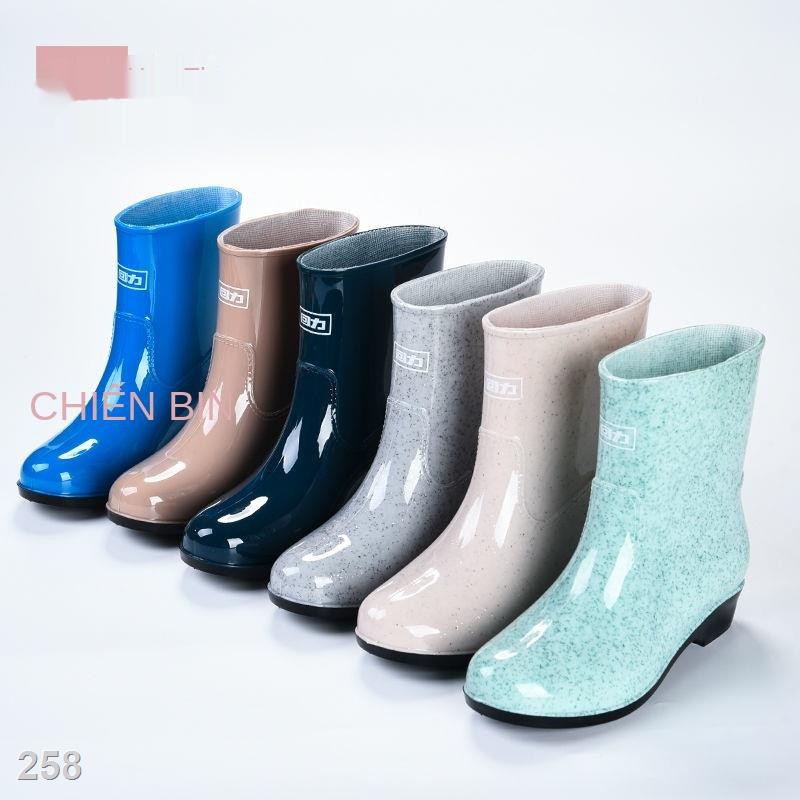 OKéo trở lại ủng đi mưa của phụ nữ thời trang giày ngắn ống giữa cộng với bông len tuyết cao su không thấm nước chống