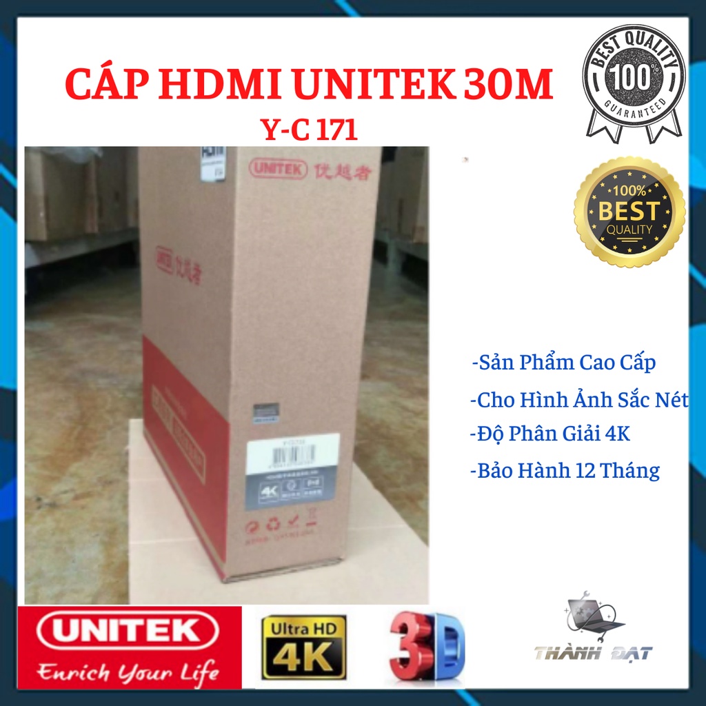 Cáp HDMI Unitek 30m Y-C171 - hỗ trợ 4K Ultra HD và 3D, Có IC Khuếch đại tín hiệu