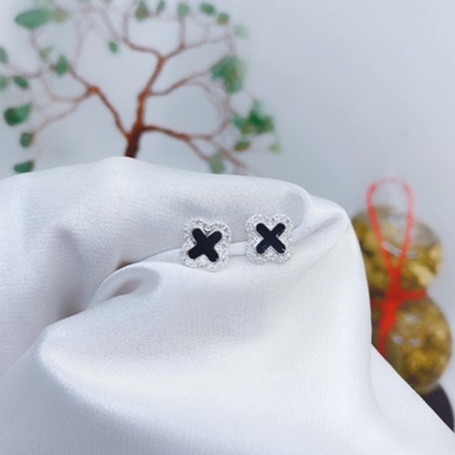 Bông tai nữ 4 lá viền đá sơn đen nhỏ xinh bạc ta- THJ SILVER