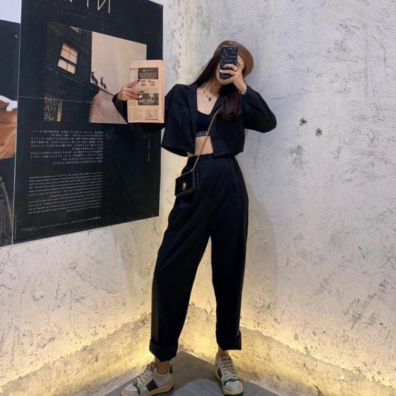 Set áo khoác lửng + quần dài ống rộng thời trang nữ tính