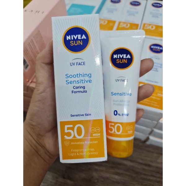 Kem chống nắng Nivea UV Face Soothing Sensitive Sun Cream SPF50 PA++++ 50ml và Nivea Young-Age Q10 SPF50 PA+++ 50ml