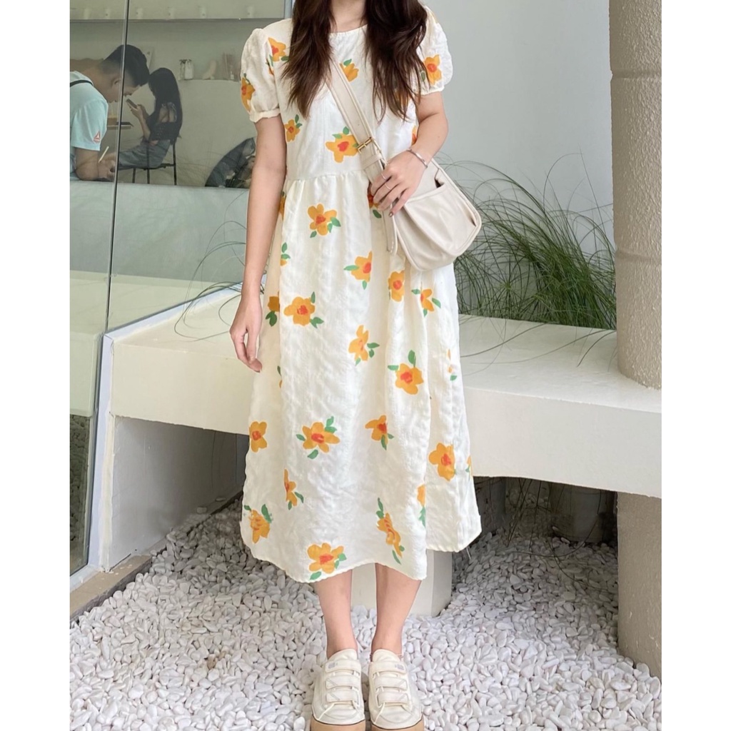 Váy Babydoll hoa cam tay bồng chất nhăn Hàn Quốc - Đầm nữ tay bồng cổ tròn hoa cam nổi bật Kozoda D67