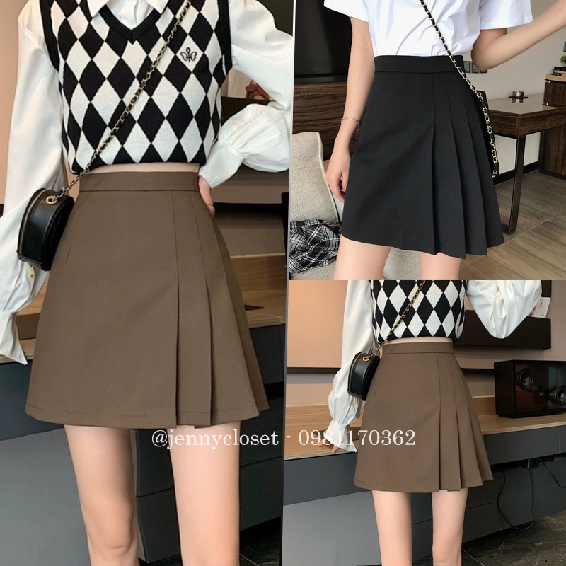 Chân váy chữ a xếp ly ngắn màu đen nâu cạp lưng cao khoá sườn phối 3 ly lệch mặc ở nhà đi học chơi biển đẹp