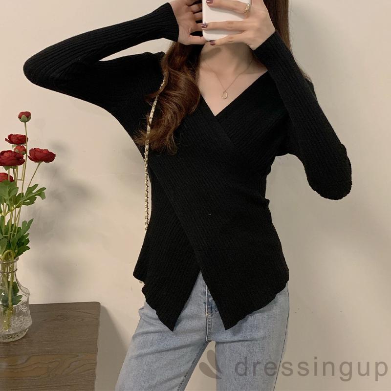 Áo dệt kim tay dài cổ chữ V màu trơn thời trang cho nữ