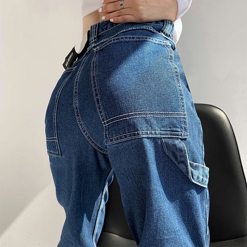 Quần jean nữ unisex, Quần bò ống rộng style cá tính hai màu khói xanh có dây túi ốp phong cách Hàn Quốc PHULA B24