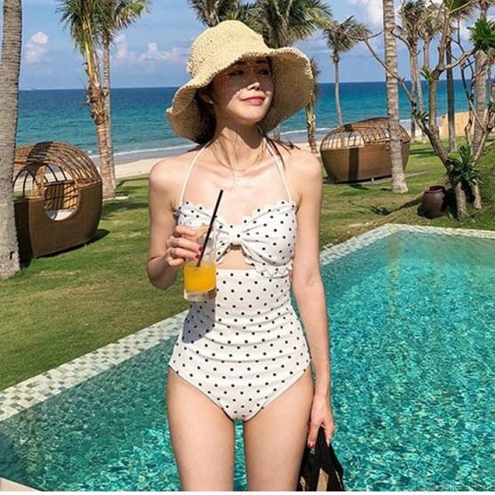[Baywellfashion]Đồ bơi một mảnh cột dây hoạ tiết chấm bi đáng yêu cho phái nữ