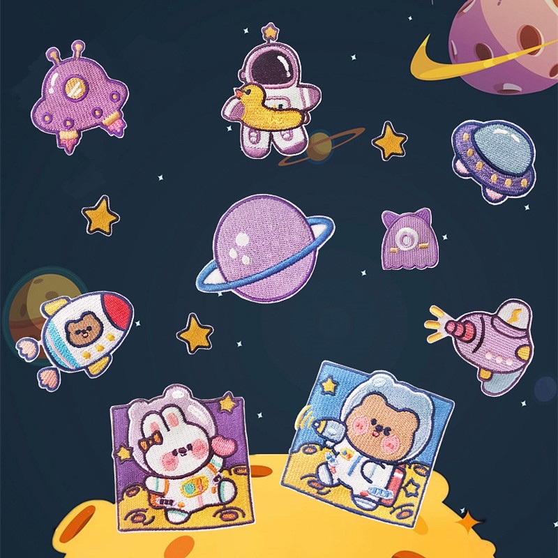 Sticker dán vải,sticker ủi quần áo hình thỏ tím phi hành gia