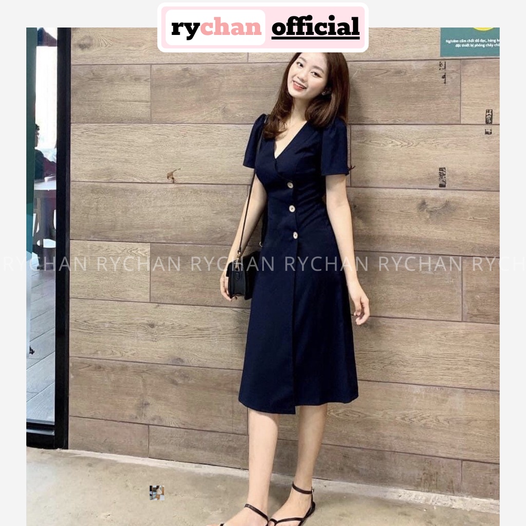 [ẢNH THẬT CUỐI] Đầm Xòe Xanh Đen Cổ V Đính Nút - DX752
