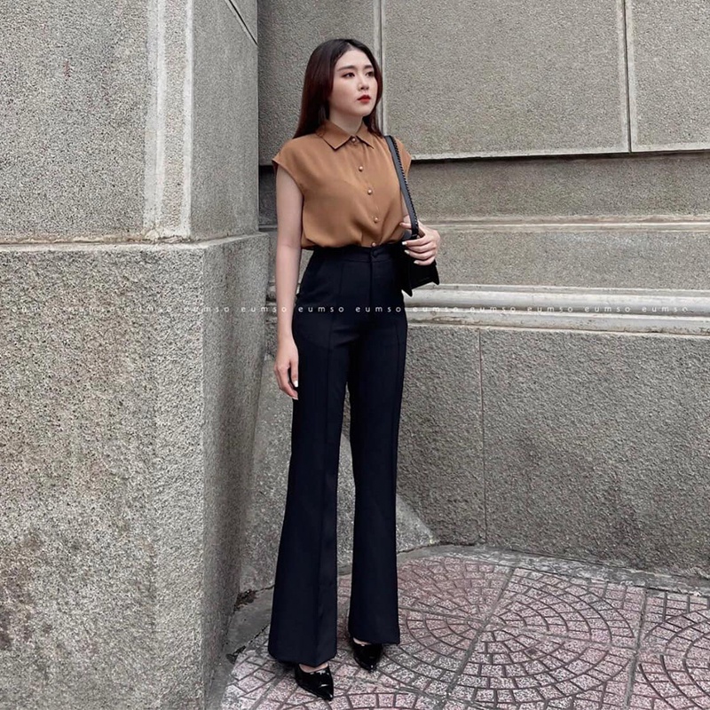Quần tây ống loe lưng cao có túi trước 1 khuy vải tuyết mưa cao cấp tôn dáng Ladya Store M8044