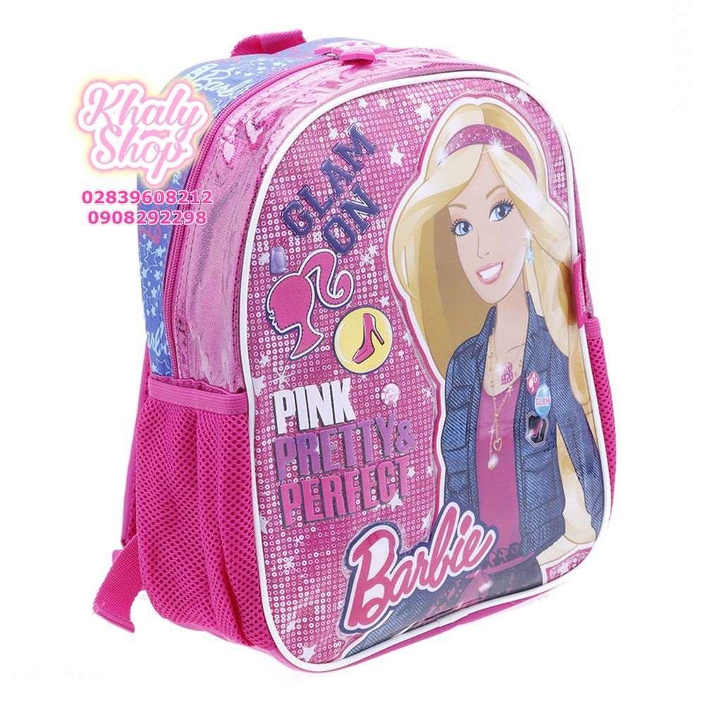 Balo trẻ em 12'' hình Barbie màu hồng viền xanh lấp lánh dành cho học sinh , bé gái - BLBAGU12HX (28x12x32cm)