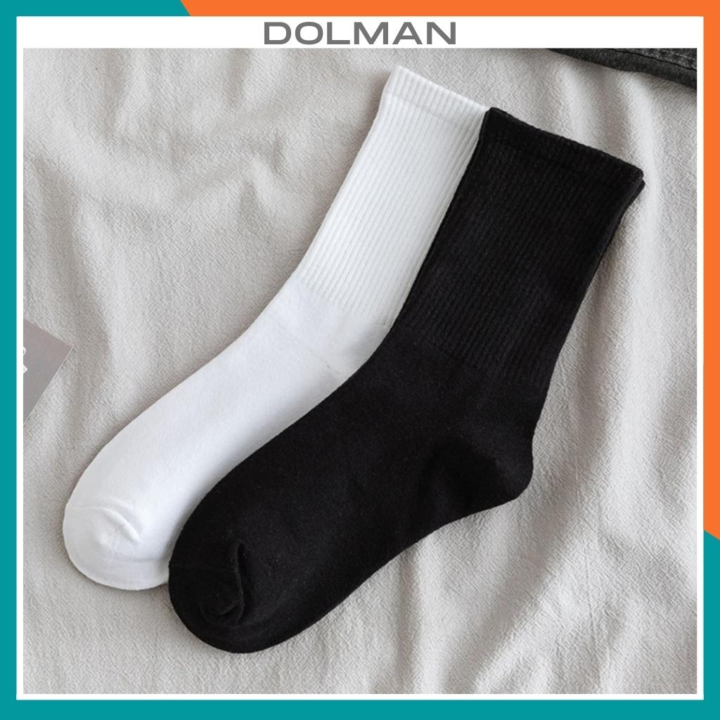 Tất nam nữ cổ cao vớ thể thao trơn loại dày vải cotton màu trắng đen thời trang DOLMAN T03