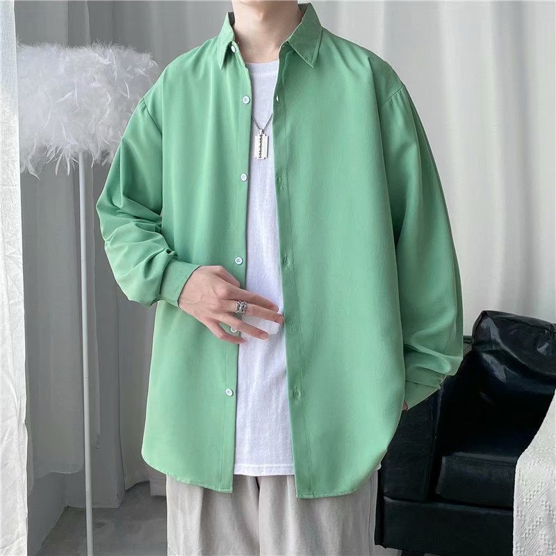 Áo Khoác Sơ Mi Tay Dài Dáng Rộng Màu Trơn Thời Trang Retro Nhật Hàn Cho Nam