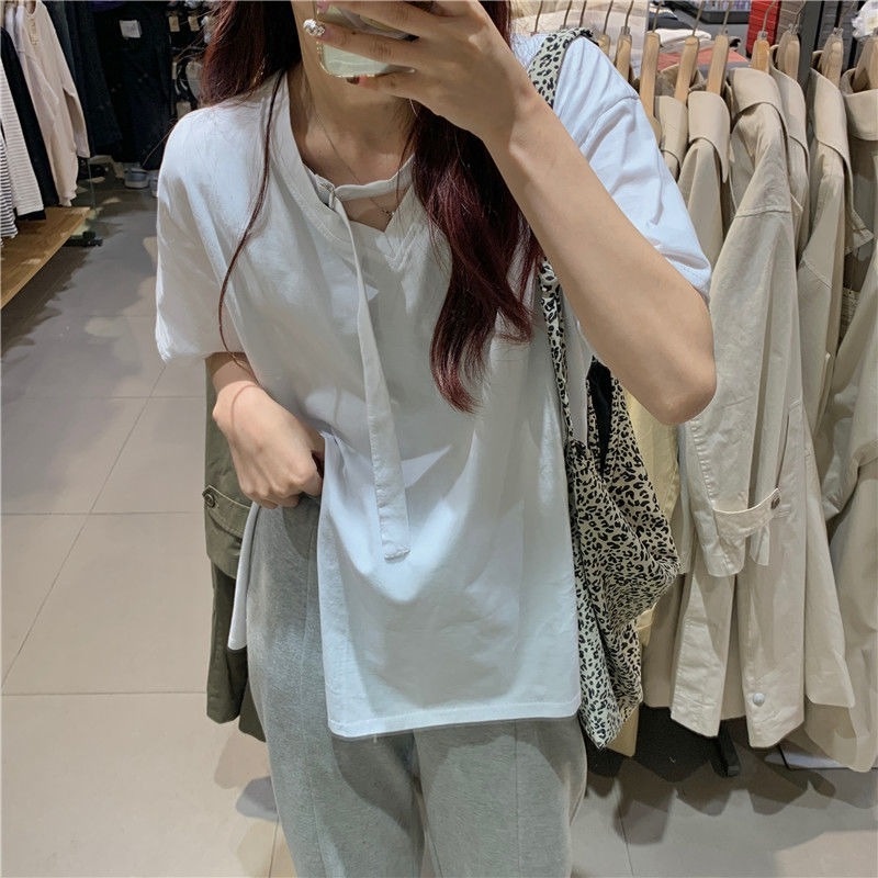 Áo Thun Tay Ngắn Màu Trơn Xẻ Tà Dễ Phối Đồ Thời Trang Mùa Hè Cho Nữ