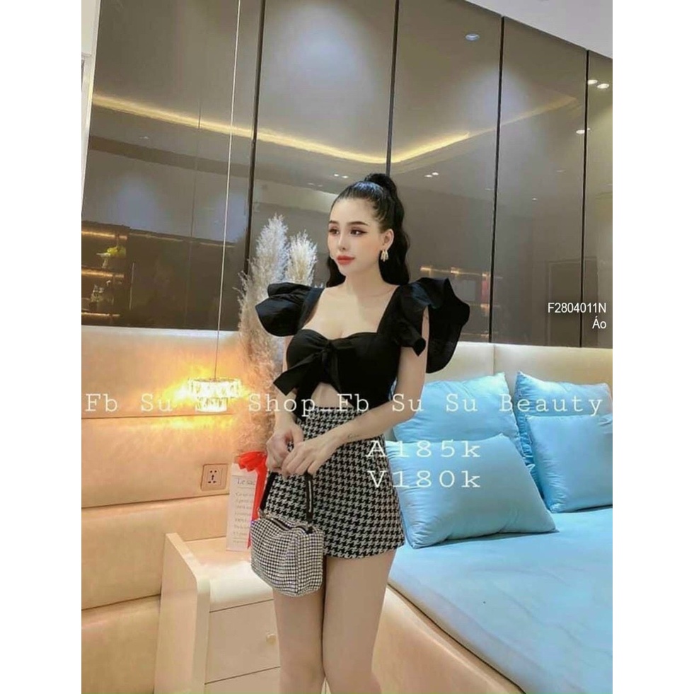 Áo kiểu croptop tay cánh tiên có mút ngực cột nơ lưng nhún cực hot . chất kate mềm mát alohashop91