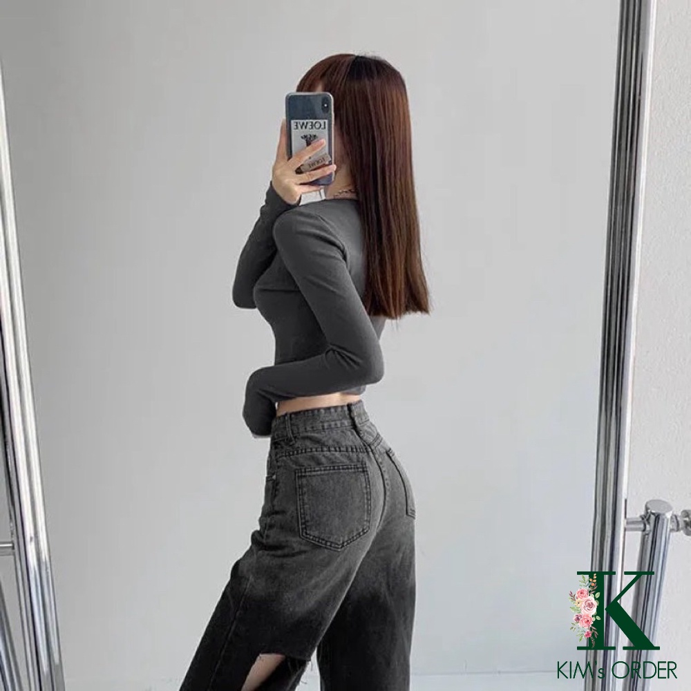 Quần jean nữ màu đen khói loang rách ống, quần bò ống suông phom rộng chất denim cá tính ngầu Ulzzang đủ size loại 1