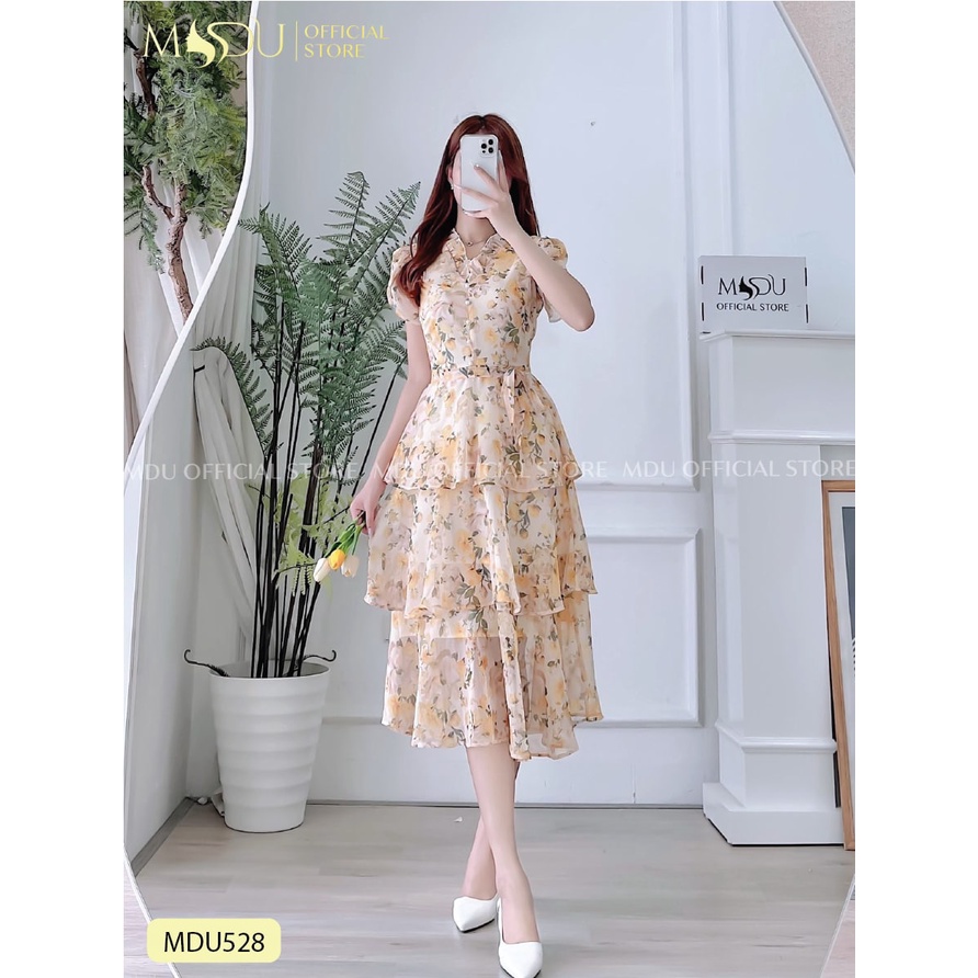 Đầm hoa nữ dáng xòe xếp tầng tay phồng cổ V sang trọng MDU528 - THỜI TRANG THIẾT KẾ MDU
