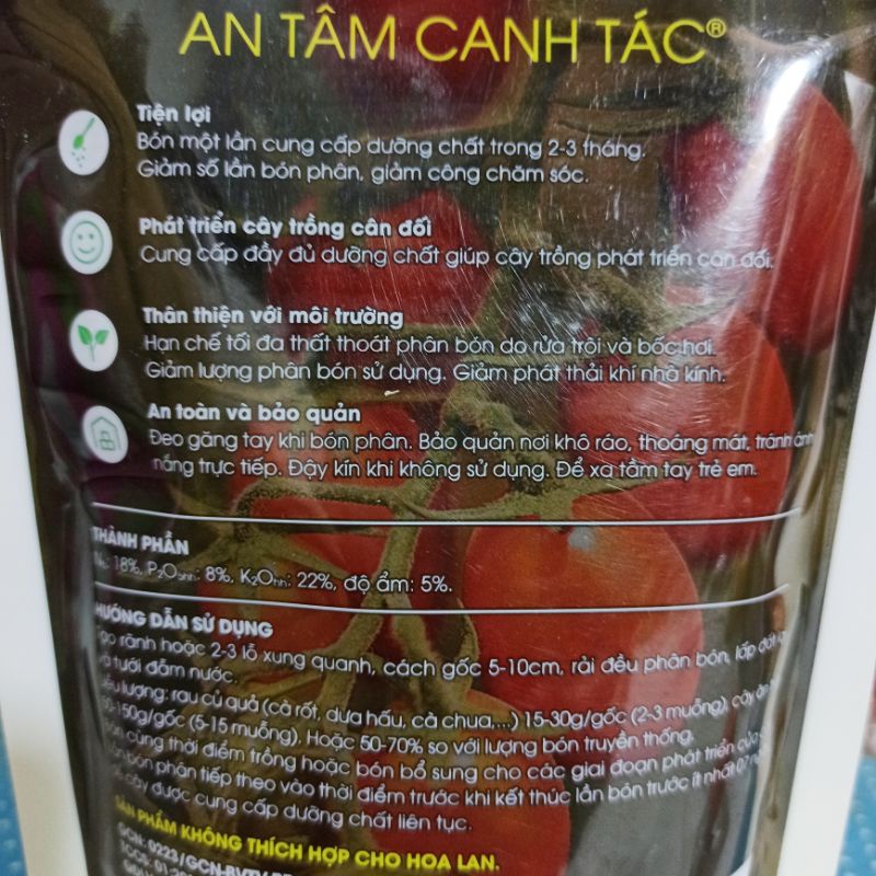 Phân bón tan chậm Rynan NPK 18-08-22 - Túi 500g  dùng cho rau củ quả, cây ăn trái, cây kiểng