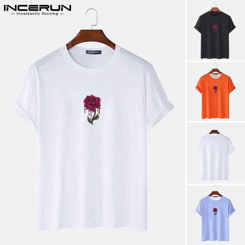 Áo thun INCERUN ngắn tay in hình hoa hồng thời trang thường ngày phong cách đơn giản cho nam