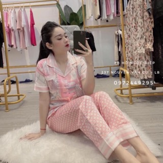 Bộ lụa satin caro xanh hồng tnqd