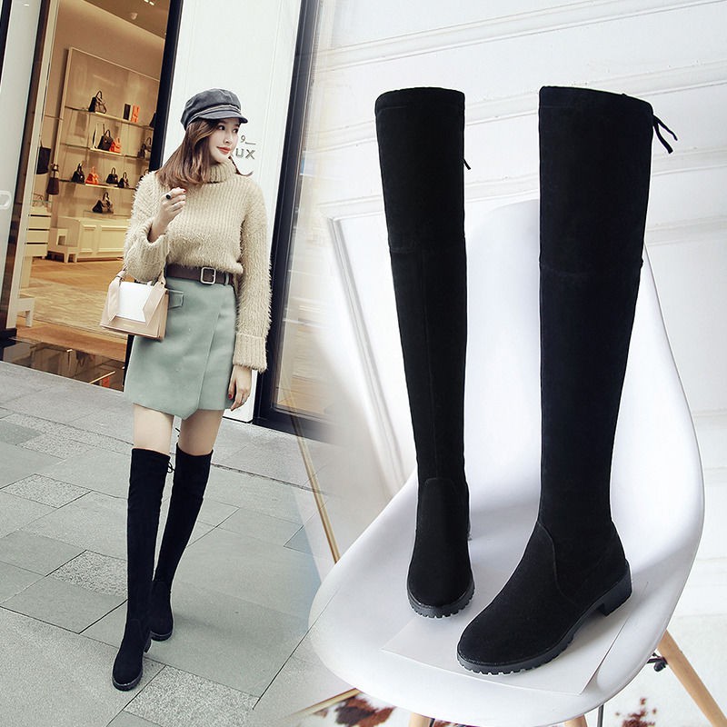 Giày bốt nhung cổ cao qua đầu gối gót dày thời trang mùa đông kiểu Hàn Quốc dễ phối đồ cho nữ | BigBuy360 - bigbuy360.vn