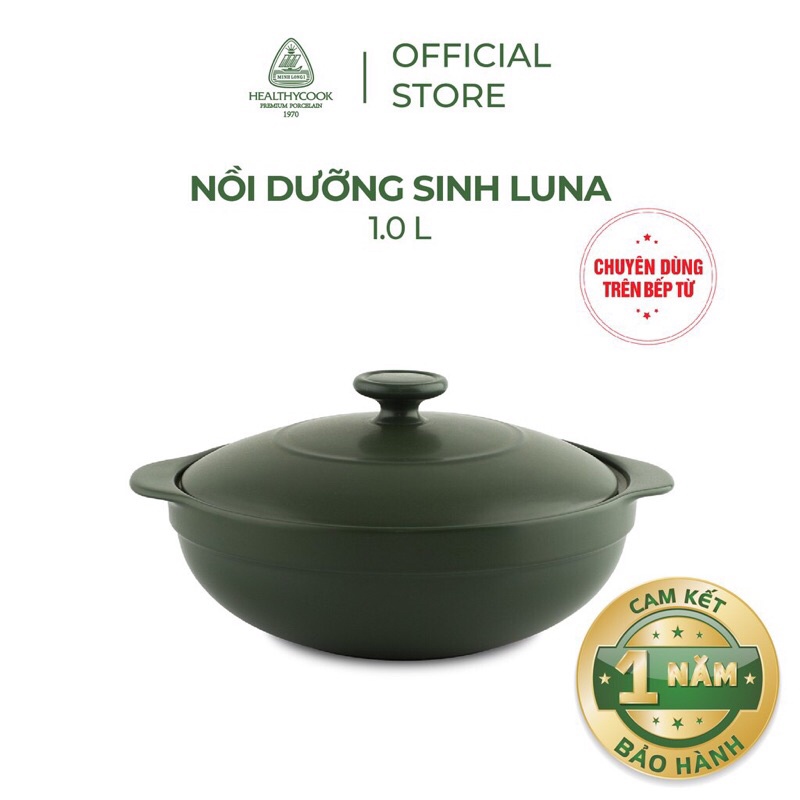 Nồi Sứ Dưỡng Sinh Minh Long Luna 1.0L Dùng Cho Bếp Từ, Có Nắp , Tráng Men Sứ Xanh Rêu