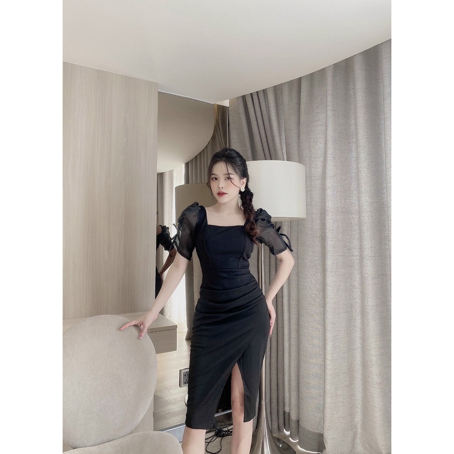 Đầm trắng dự tiệc cao cấp cổ vuông nhún éo chất vải umi,váy body xẻ tà hàn cao cấp nancy a12