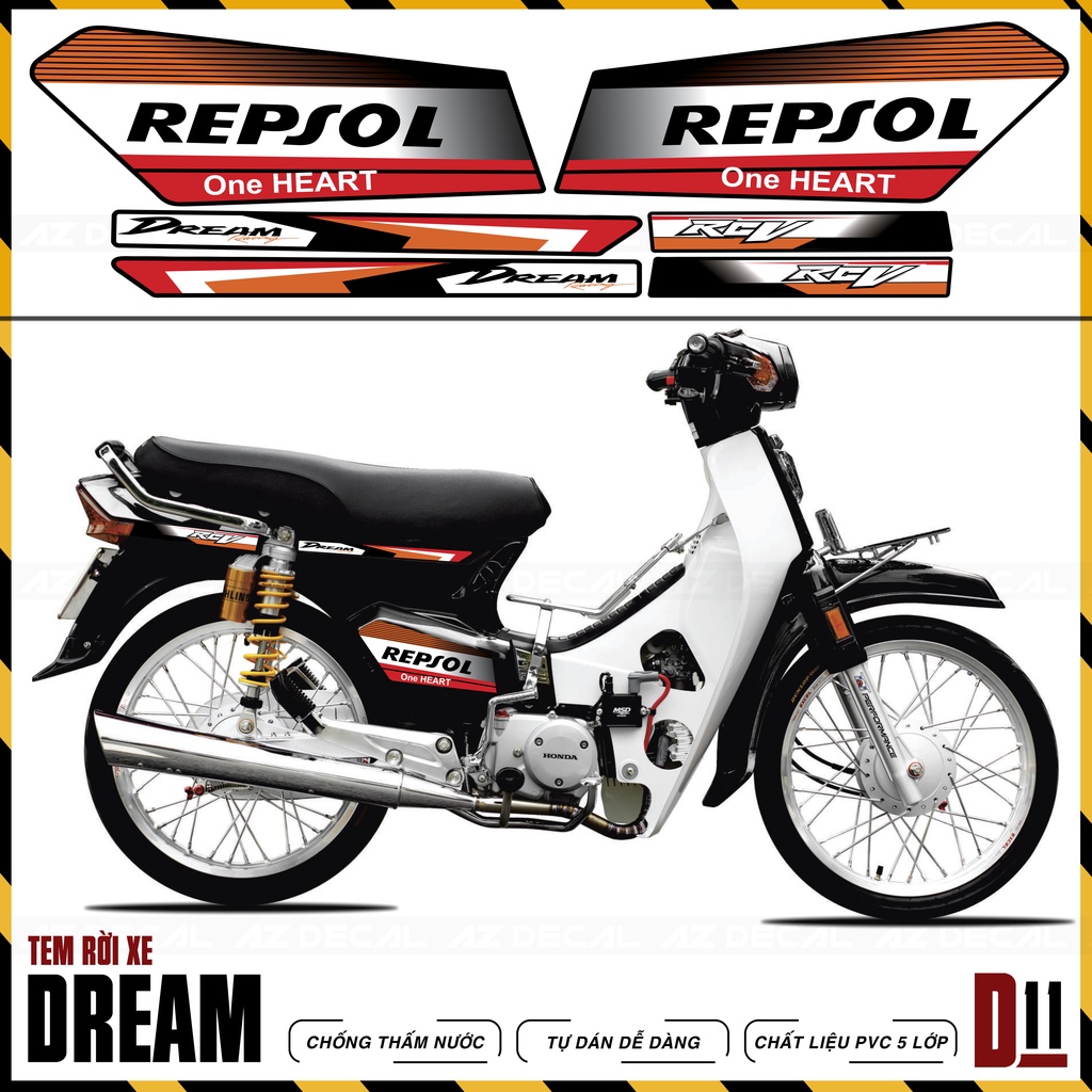 Tem Rời Xe Honda Dream 110 100 Thiết Kế Chữ Repsol | D11 | Chất Liệu Decal Chế Cao Cấp Chống Phai Màu, Dễ Dàng Tự Dán