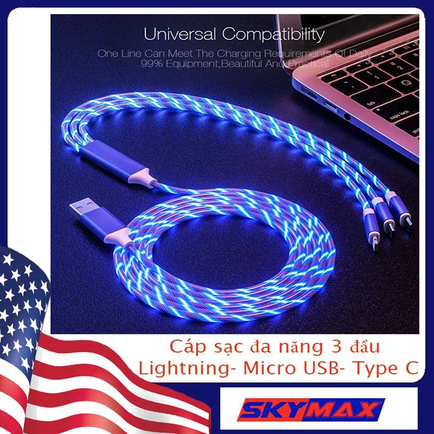 Dây Cáp Sạc Nhanh 3 Đầu ,Micro,Type C,sạc nhanh,siêu bền,có đèn Led nhấp nháy,dây sạc 3 đầu cao cấp,Skymaxx