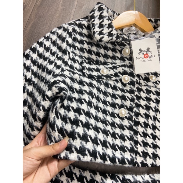 Set áo dạ ,chân váy tweed hoạ tiết răng sói hàng quảng châu loại 1
