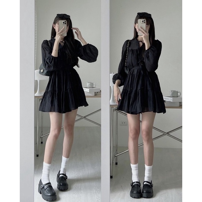Váy Tơ Nhăn Kèm Đai Tay Dài Dáng Babydoll 4 Màu Siêu Xinh Có Ảnh Thật