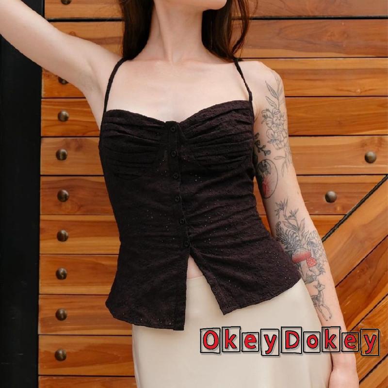 Áo Tank Top Hai Dây Mỏng Cài Nút Họa Tiết Hoa Khoét Rỗng Cho Nữ