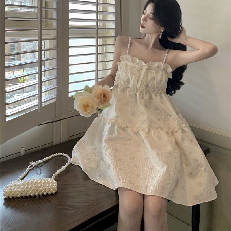 Váy babydoll Đầm Hai Dây Ngắn Dáng Rộng Vải Lông Xù In Hoa Nhỏ Xinh Thời Trang Mùa Hè Hàn Quốc