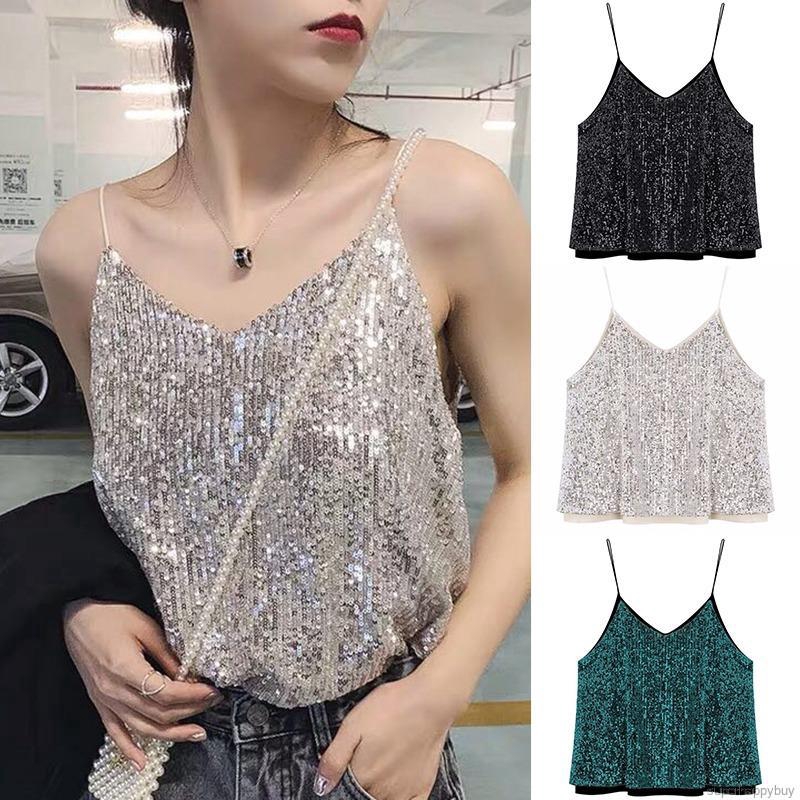 Áo hai dây cổ V quyến rũ màu ánh kim phong cách quyến rũ
