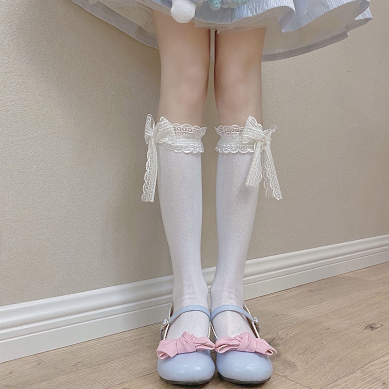 Xiangbao Vớ Cao Đến Đầu Gối Phối Ren Ruy Băng Nơ Ruy Băng Ngọt Ngào Hóa Trang Lolita Cho Nữ