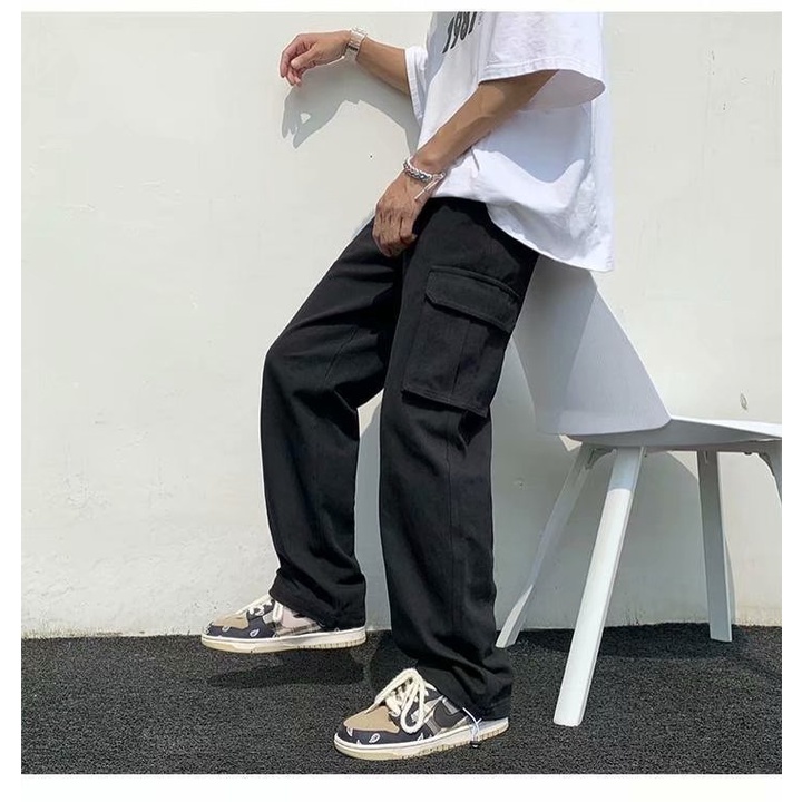 Quần Dài Thể Thao Màu Trơn Dáng Rộng Có Túi Trắng/Đen Thời Trang Cho Nam Size S-3XL